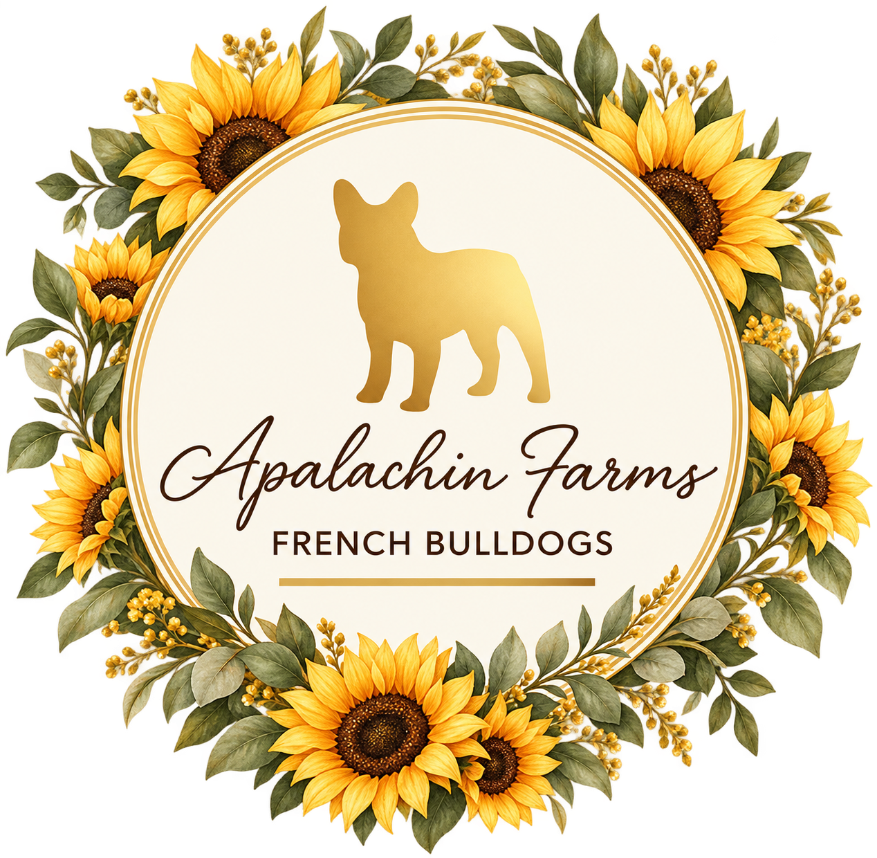 Apalachin Farms French Bulldogs — gold French Bulldog on a cream circular badge with a sunflower border